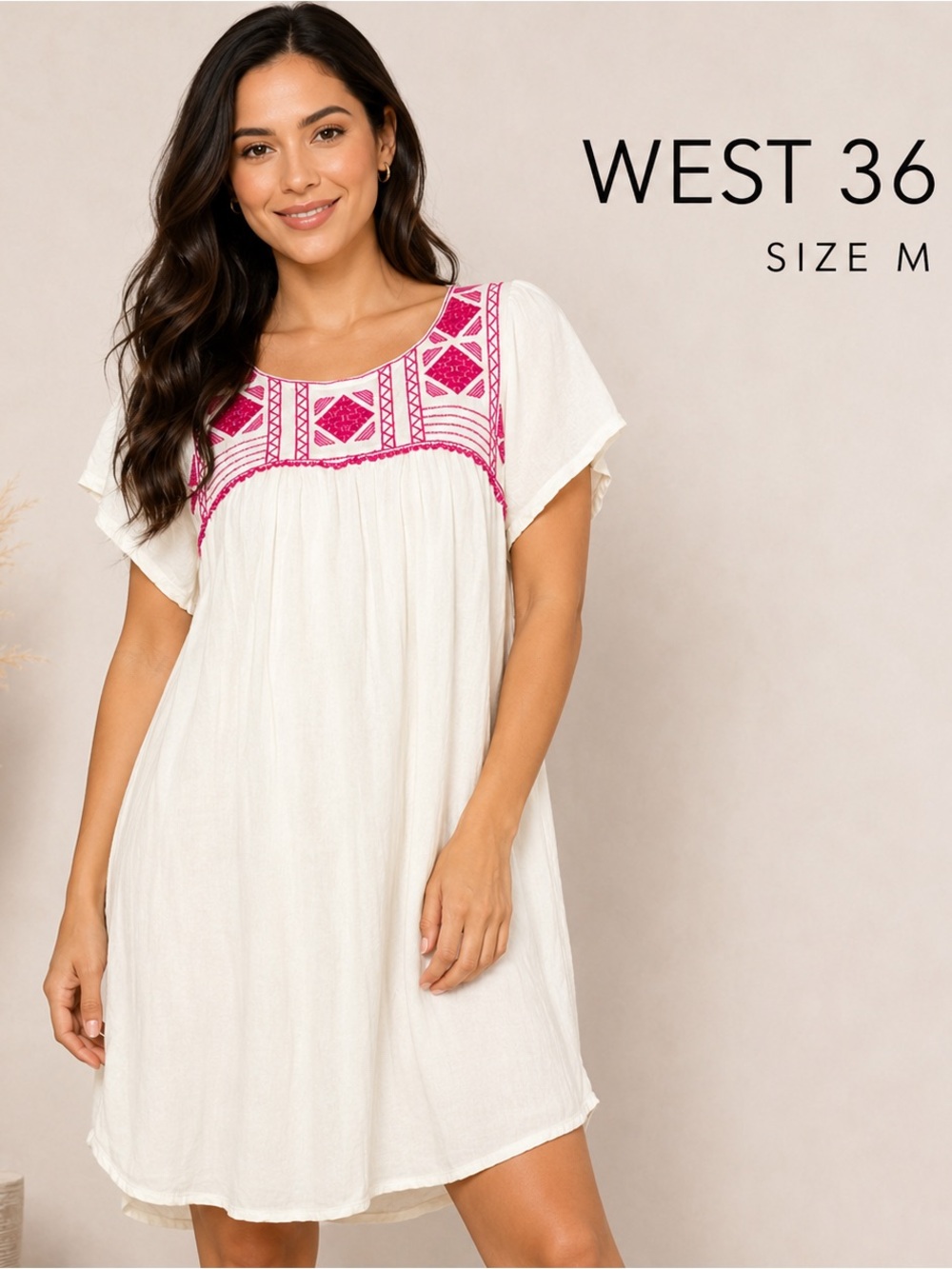 WEST 36 White boho mini tunic Dress with Pink Embroidery romantic/ M